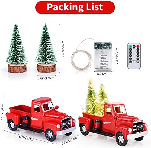 תפאורה של משאית חג המולד אדומה של Fowecelt, אורות מיתר LED וינטג 'דגם מכונית טנדר אדום עם 2 קישוטי עצי חג המולד מיני לקישוט טופ שולחן חג המולד