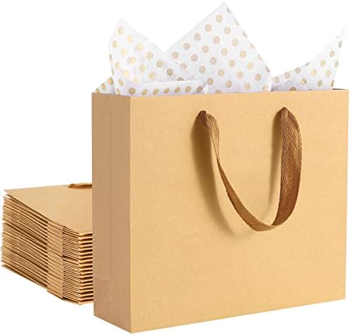 Ynerhai 20 חבילות שקיות מתנה חומות עם נייר טישו, שקיות מתנה עם ידיות סרט, 12.6 x4.5 x11 שקיות נייר חומות לחתונה, יום הולדת, ציוד למסיבות ומתנות