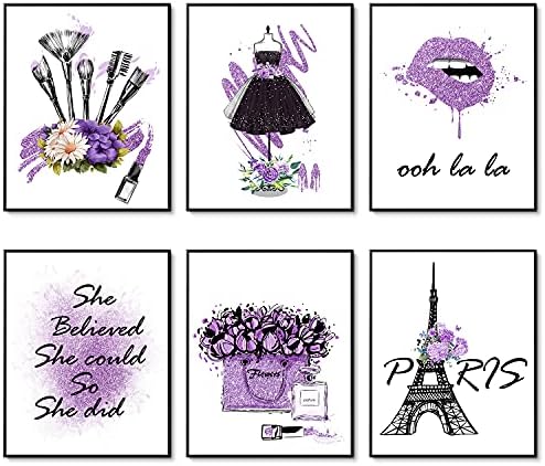 פוסטרים איפור סגולים של Hoozgee אופנה PARIS PARIS מדפיס אמנות קיר איפור איפור יצירות אמנות של 6 פרחי בושם שפתון בד פוסטרים אמנות