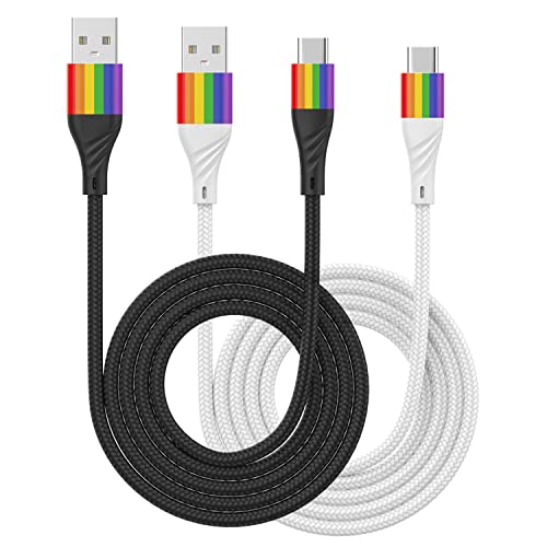 הגאווה USB C כבל מטען 3.1 א - USB ל USB C כבל 6ft זמן, בצבעי הקשת מגן w/ ניילון קלוע - תואם מסוג C טעינה עם טלפונים חכמים, טבליות, & יותר - Black & הלבן, 2-Pack