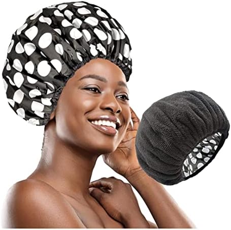מכסה מקלחת, כובע מקלחת מרופד מטלד לנשים מכסה מקלחת גדול שכבה כפולה עם מיקרופייבר שיער יבש פונקציה מעודדת כובע אמבטיה עמיד למים נושם שחור ולבן עיצוב מכסי מקלחת לעיצוב