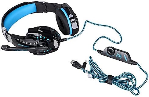 אוזניות משחקי סטריאו של Bibox G9000, צליל היקפי בס על אוזניות אוזניות 3.5 ממ עם מבטל רעש מיקרופון ואור LED עבור PC/PS4/Xbox One/מחשב נייד עם כבל מתאם 1 עד 2 - כחול
