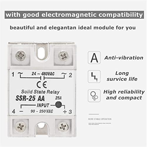ממסר מצב מוצק, SSR-25 AA 25A מודול ממסר מצב מוצק SSR AC-AC קלט 90-250V פלט AC 24-480V AC, ממסר במצב מוצק ממסר מוליך חצי שלב יחיד