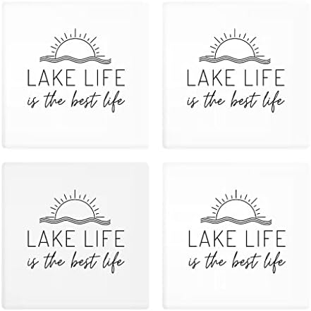Lake Life Simple, Joyride Décor 4 תחתיות קרמיקה, חופי משקאות מרובעים בגודל 4 אינץ ', סט של 4, פקק לא החלקה, מגן על משטחים, מבטא את הסגנון שלך.