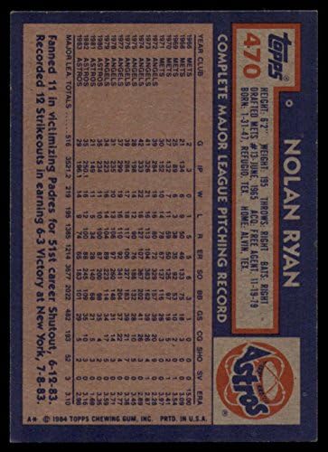 1984 טופס בייסבול 470 נולן ראיין יוסטון אסטרוס רשמי בכרטיס מסחר בייסבול MLB במצב גולמי