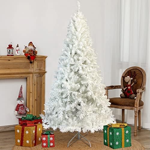 עץ חג מולד גבוה בגודל 7 רגל עם דגל אמריקאי פוליאסטר 210D 210D, עץ חג המולד עם 1000 טיפים מקשטים עץ אורן, X-MAs עם רגלי מתכת, עץ חג המולד לבן עם קישוטים