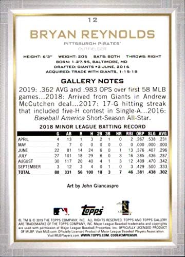 2019 גלריית טופפס בייסבול 12 Bryan Reynolds RC טירון כרטיס פיטסבורג פיראטים רשמי מסחר ב- MLB