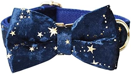 Uoeidosb צווארון כלבים קטיפה כחולה עמוקה ומגדלת רצועה לכוכבי חג המולד נצנצים זהב צווארון חיות מחמד מותאם אישית עם פסטיבל עניבה מתנה גור מתנה