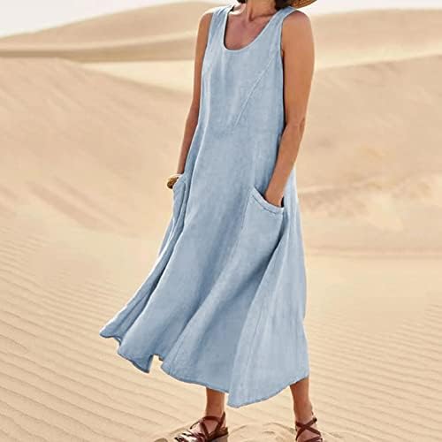 שמלת קיץ מזדמנת של Himtak לנשים שמלת חוף חסרת שרוולים ללא שרוולים צבע מוצק קפלים שמלת מקסי ארוכה עם כיסים
