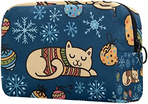 תיק קוסמטי של TbouoBt לנשים, תיקי איפור מרווחים מרווחים כיס נסיעות מתנת נסיעות, פתיתי שלג לחג המולד חתול בעלי חיים מקסים