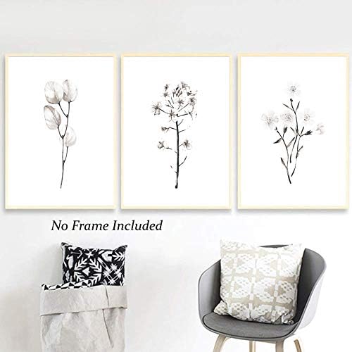 דפוס אמנות קיר פרחים מינימליסטי בשחור לבן, הצמחים מופשטים הדפסת עיצוב קיר, פוסטר אמנות בד לסלון נורדי עיצוב בית, חסר מסגרת, סט של 3