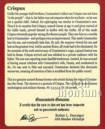 CRISPUS - מטבע ברונזה רומאי עתיק בתיקיה עם תעודת אותנטיות - מטבע אמיתי הכה תחת CONTANTINE The Great בו בנו הראשון 304-326 לספירה