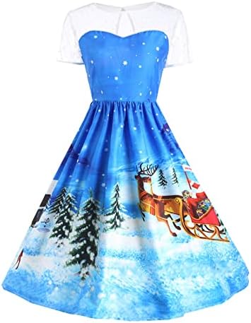 נשים של שמלת חג המולד הדפסת מקרית קוקטייל שמלה לנשף צוואר רשת צרופה קצר שרוול אונליין נדנדה מסיבת שמלות