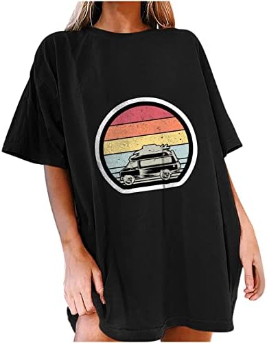 עוקב חולצת טריקו להדפסת מכוניות וינטג 'לנשים עם שרוול קצר טיול דרך צמרות רחבות y2k o צוואר מערבי גרפיקה קיץ חולצות מזדמנים