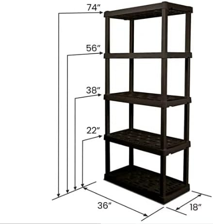 Emiway 74 H x 18 D x 36 W 5 מדפי מוסך פלסטיק, חבילה של 4 מדפי אחסון, קיבולת שחורה של 750 קילוגרמים