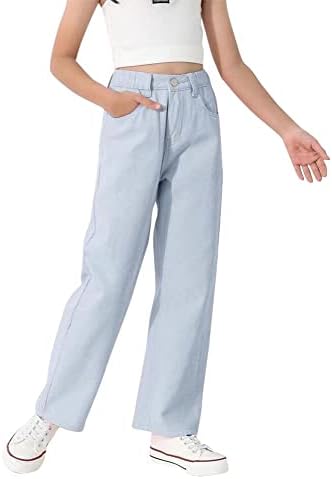 מכנסי ג 'ינס מזדמנים לבנות בגזרה גבוהה ג' ינס עם רגל רחבה עם כיס