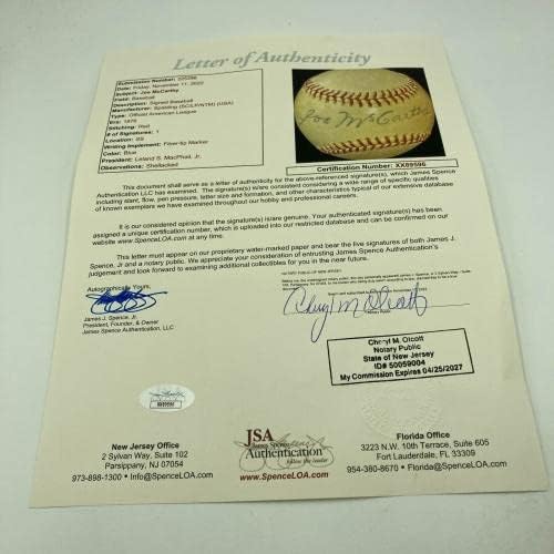 ג'ו מקארתי היפה חתם על ליגה אמריקאית בייסבול JSA COA - כדורי חתימה