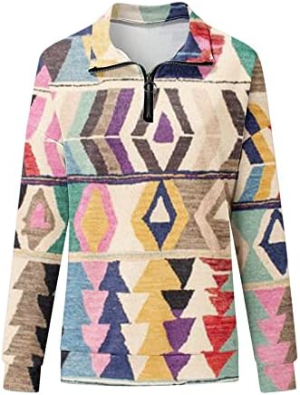 נשים אופנה הדפסת דש חצי רוכסן מזדמן רופף סווטשירט בסוודרים בכושר חולצות נוחות צבעים חולצות