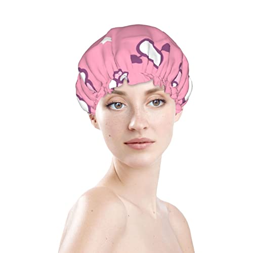 נשים לשימוש חוזר כובע שיער של שולי שיער ולנטיין קופידון לב ורוד שכבות כפולות כובע אטום למקלחת כובע אמבטיה