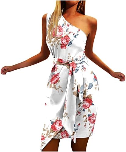שמלת קוקטייל של פרגירן לנשים, נשים בקיץ כתף משופעת קזולה קצוצה הדפס פרחוני שמלה דקה עם חגורה