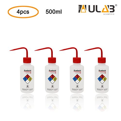 בקבוקי שטיפת בטיחות של ULAB, 4 יחידות של בקבוקי שטיפה רחבה בפה אצטון, חומר LDPE, כרך 500 מל, UWB1022