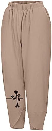 מכנסי מותניים אלסטיים נשים מכנסיים חיצוניים ברגל ישר עם כיסים מתאימים לפופ דפוס דפוס 3 רבעון משקל