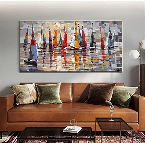 צבע שיט מצויר ביד ציורי שמן סירה - מרקם ים באנר מודרני בגודל גדול גודל גדול מופשט קיר אמנות קיר לעיצוב מרפסת חדר בית נורדי, לא ממוסגר, 70x140 סמ
