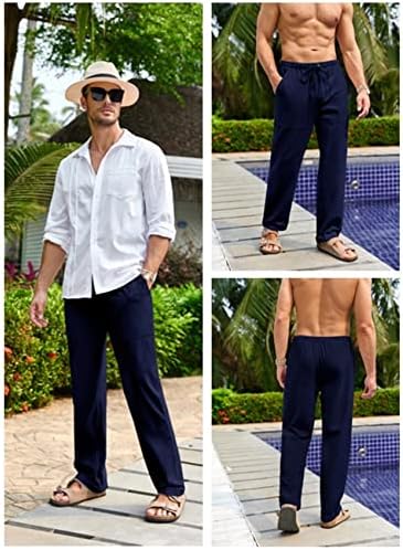 מכנסי פשתן של גפנג גברים יוגה חוף רופף בכושר מזדמן קיץ מותניים אלסטיים שרוך מכנסיים רחבים עם כיסים