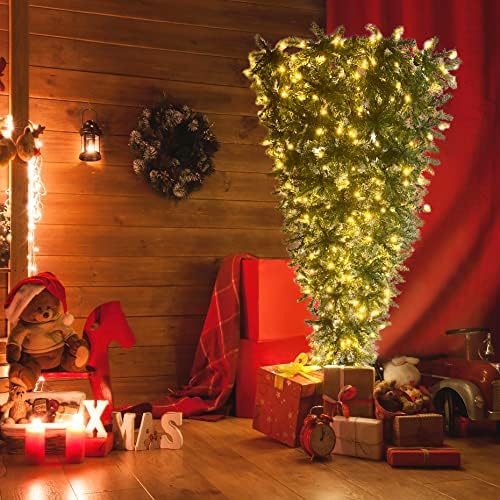 עץ חג מולד ירוק הפוך עם דגל אמריקאי 3x5 ft, עץ חג המולד עם אורות לבנים חמים LED, עלים ירוקים עם חלק מרסס לבן, בסיס מתכת מחוזק ומכלול קל 7.4ft x-Mas