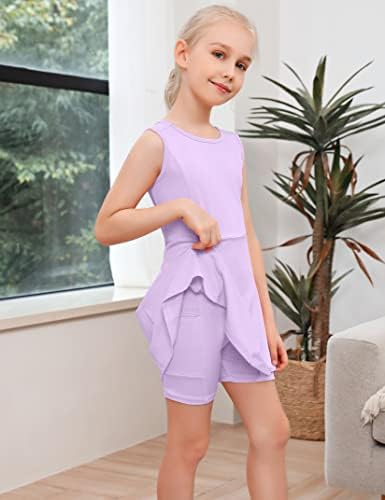 ערכת חצאית קפלים של ליונג'י בנות ללא שרוולים עם שרוולים עם מכנסיים קצרים מובנים-שמלת גולף טניס תלבושת ספורט סולידית 3-12 שנים