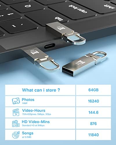 MOSDART 64GB 5 חבילה USB 2.0 כונן פלאש מתכת אטום למים עם מחזיק מקשים, 64 ג'יגה -בייט כונני אגודל אקספרט, מקל זיכרון כונן קפיצה רב -תאורה לאחסון וגיבוי, כסף