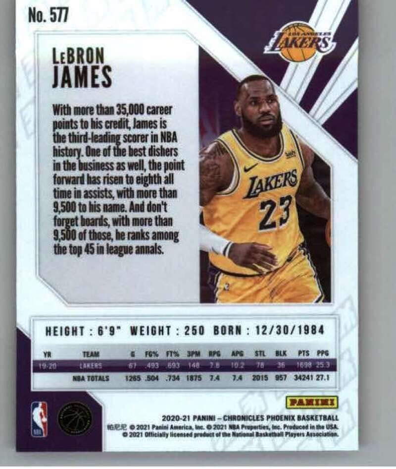2020-21 Panini Chronicles 577 לברון ג'יימס לוס אנג'לס לייקרס NBA כרטיס מסחר בכדורסל