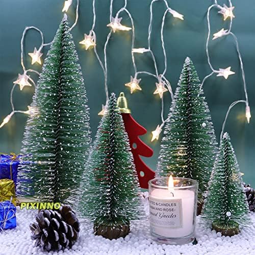 עצי חג המולד מיני מלאכותיים, עץ אורן מיניאטורי שולחן עבודה 4 PCS עצים עם שולחן בסיס עץ עליון סיסל שלג חלבית אידיאלי לעיצוב מסיבת מלאכה DIY, ירוק