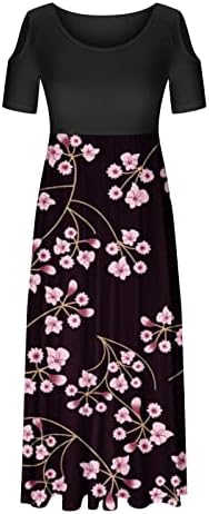 לנשים 2023 קיץ מקסי כתף קרה שמלות פרחוניות ארוכות עם כיס שמלת טלאי בלוק צבע טרנדי מזדמן