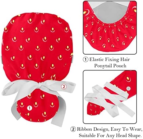 כובעים רפואיים לנשים עם כפתורים שיער ארוך, כובע עבודה מתכוונן 2 חלקים, הדפס תות אדום