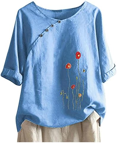 נשים של פרח הדפסת חולצות קצר שרוול כפתור עגול צוואר גרפי גדול טיז מזדמן רופף קיץ חולצה בתוספת גודל טוניקות