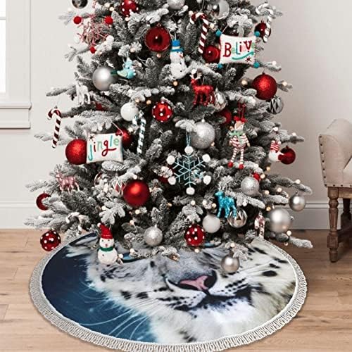נמר שלג כחול עיניים הדפסת חצאית עץ חג המולד עם ציצית 48 מעבה עץ חג המולד חצאיות חג המולד קישוטי חג המולד