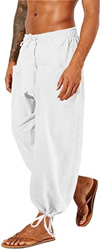 מכנסי פשתן של Gafeng Mens שרוך רופף מתאים מותניים אלסטיים מכנסיים קצוצים מזדמנים מכנסיים הרמון יוגה עם כיסים