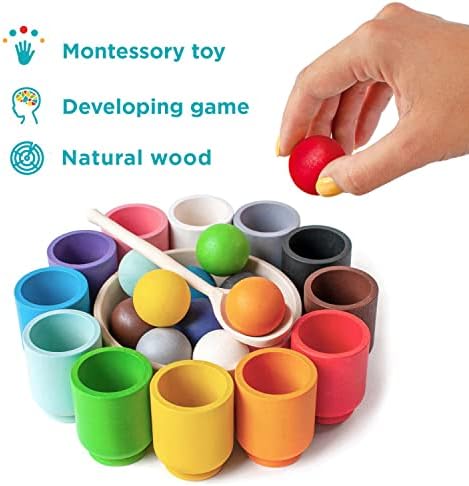כדורי Ulanik בכוסות מונטסורי צעצוע סדרון עץ משחק 12 כדורים 30 ממ גיל 1+ מיון צבע וספירה