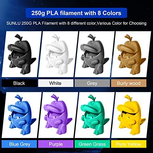 SUNLU 250G PLA נימה 1.75 ממ צרור ו- PLA META META 3D מדפסת נימה כחולה ， 0.25 קג סליל, 8 לחמניות, שחור+לבן+אפור+עץ קציץ+סגול+אפור כחול+דשא ירוק+צהוב טהור