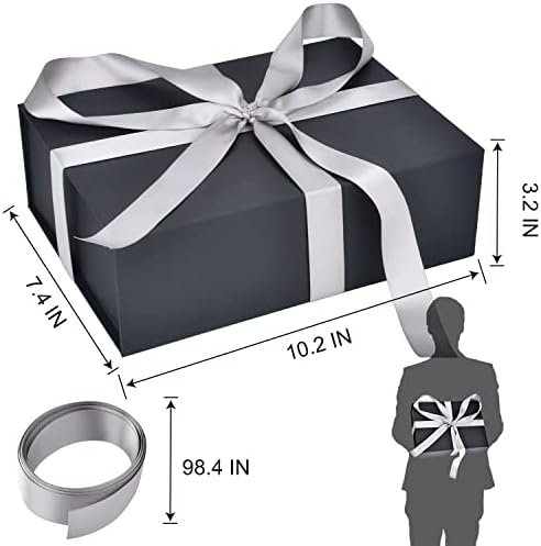 קופסת מתנה שחורה עם סרט גודל פנימי 10 x7 x3 קופסת מתנה יוקרתית עם מגנטים למתנות קופסה שחורה וסרט כסף 8 רגל