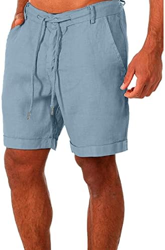 מכנסי פשתן כותנה לגברים של Beuu, משיכת קדמית שטוחה חוף קיץ ישר חוף קיץ ברמודה מזדמנים עם כיסים