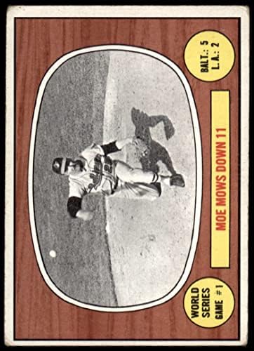 1967 Topps 151 1966 סדרת העולם - משחק מס '1 - MOE Mows Down 11 Moe Drabowsky Baltimore/Los Angeles Orioles/Dodgers Fair Orioles/Dodgers