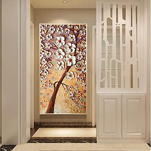 ציור שמן בעבודת יד על קיר בד אמנות 3D פרח מופשט תמונה עץ מזל עץ מודרני מצויר לסלון חדר שינה מסדרון חדר שינה מסדרון וחדר אוכל עיצוב בית קיר, 28x56 אינץ 'ללא מסגרת