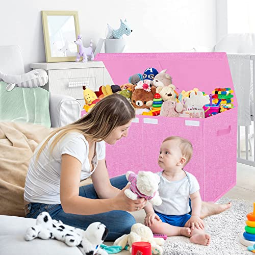 גדול צעצוע תיבת עבור בנות,מתקפל צעצוע חזה ארגונית פחי עם מכסים,צעצוע קופסות סלי לילדים,משתלת חדר,חדר משחקים, 24.5 * 13 * 16 סנטימטרים-ורוד