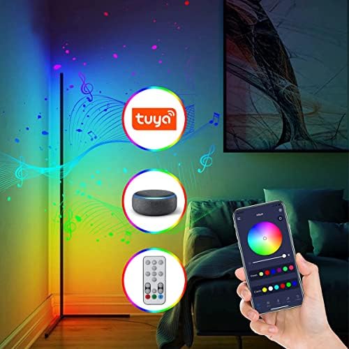 Hyskostar LED RGB מנורת רצפה פינתית, מנורות רצפת תאורת מצב רוח תואמות את Alexa Google Home, מנורה פינתית חכמה לחדר שינה, סלון, חדר משחקים, קישוט ביתי, שלט רחוק
