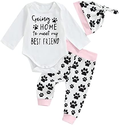 3 יח 'יילוד תינוקות תלבושות אותיות בגד גוף רומפר + כלב מכנסי הדפסת מכנסיים + כובע סט בגדי כותנה חמוד