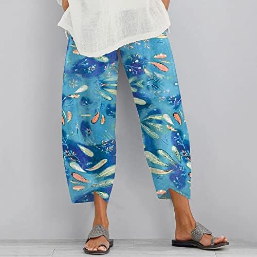 מכנסי קאפרי קיץ לנשים כותנה מזדמנים פשתן מותניים אלסטיים מכנסיים מחודדים חוף רופף קרסול מכנסיים קצוצים בכיס