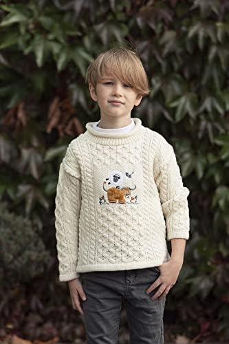 ארן מלאכה סוודר בעיצוב בעלי חיים רכים של ילד, צמר מרינו סופר רך, סרוג בסגנון סוודר דייג, מיוצר באירלנד