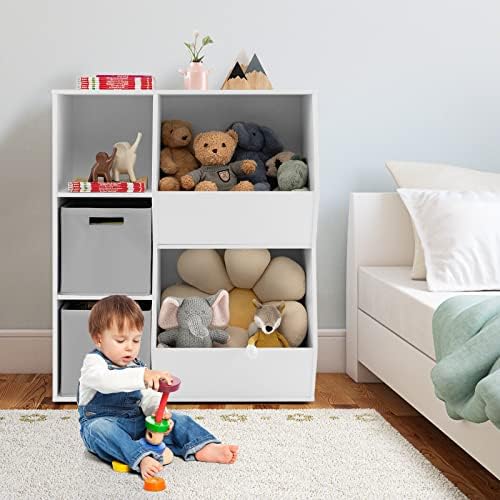 Glacer 5-Cube Kids Toy Storage מארגן, מדף ספרים של ארונות ספרים מעץ מעץ עם 2 פחים נשלפים ומתקפלים, ארון תצוגת אחסון רב-פחים פתוח לחדר ילדים, חדר משחקים, משתלה, לבן